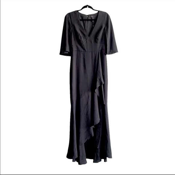 BCBGMAXAZRIA Cape Sleeve V-Neck Asymmetrical Ruffle Maxi Dress Gown Black 4 - Picture 1 of 6